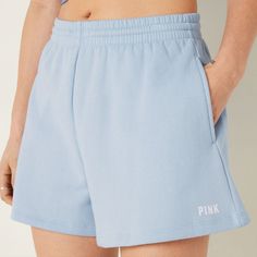 New With Tags Baby Blue Basic Blue Relaxed Fit Bottoms, Light Blue Lounge Shorts With Pockets, Light Blue Cotton Sporty Shorts, Sporty Light Blue Cotton Shorts, Comfortable Blue Shorts With Pockets, Blue Bottoms For Weekend Summer Activities, Blue Summer Bottoms For Weekend, Blue Bottoms For Weekend Summer Wear, Blue Trendy Loungewear Shorts