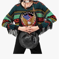 Touguraile Size M Black Multicolor Sweater With Fringe Usa Flag And Eagle With Flames Design New With Tag 2022 Y2k Aesthetic Oversized Tassels Free From The Mainstream Hand Wash Only Punk Style Winter Festival Tops, Winter Festival Punk Style Tops, Bohemian Black Sweater For Fall, Black Bohemian Sweater For Fall, Fall Bohemian Black Sweater, Bohemian Oversized Black Sweater, Black Oversized Bohemian Sweater, Oversized Black Bohemian Sweater, Edgy Tops For Winter Festival