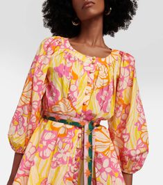 Floral Cotton Minidress in Multicoloured - Alemais | Mytheresa Daywear Dresses With Blouson Sleeves, Mini Length, Mini Dress With Blouson Sleeves For Daywear, Summer Blouson Sleeves Mini Dress For Daywear, Daywear Mini Dress With Blouson Sleeves, Spring Cotton Dresses With Belted Cuffs, Spring Puff Sleeve Belted Dress, Spring Belted Dress With Puff Sleeves, Summer Mini Dress With Blouson Sleeves, Spring Mini Dress With Lantern Sleeves For Daywear