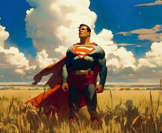 a painting of a man in a superman suit standing in a field with clouds behind him