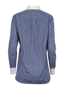 Get ready to jazz up your office wardrobe with this chic button-down dress shirt from Theory! Featuring blue with red and white stripes, a white collar and cuff, and a fun feminine twist on menswear, this shirt is a modern minimalist dream. Perfect for spring and on-trend with its playful stripes, this is one piece you won't want to miss out on! Size P Shell 100% Cotton Trim 72% Cotton, 23% Nylon, 5% Spandex Collared neckline Button down closure in front One pocket on bust Button closure on wris Chic Blue Business Tops, Blue Collared Blouse With Striped Collar, Blue Striped Cuffs Shirt For Workwear, Blue Shirt With Striped Cuffs For Work, Elegant Formal Shirt With Striped Cuffs, Formal Pinstripe Tops With Button Closure, Elegant Workwear Shirt With Striped Cuffs, Blue Office Shirt With Striped Collar, Blue Shirt With Striped Collar For Office