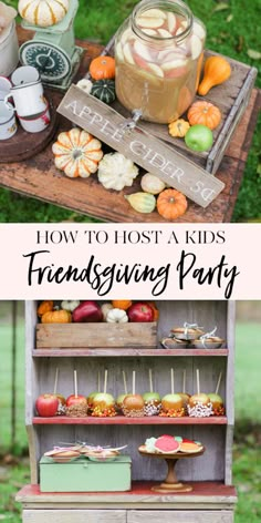 an old dresser is filled with treats and drinks for a kids's thanksgiving party