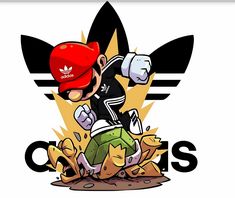 an image of a cartoon character running through the dirt with adidas on his back