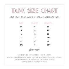 the tank size chart for this women's ideal brach top is shown in pink and