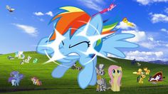 many different colored ponies are standing in the green grass with blue sky and clouds behind them