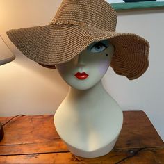 Leather Trim Band Natural Color One Size New With Tag Gold Straw Hat With Curved Brim For Vacation, Gold Curved Brim Straw Hat For Vacation, Chic Gold Beach Hat, Gold Short Brim Sun Hat For Beach, Chic Gold Wide Brim Sun Hat, Gold Straw Hat For Beach With Short Brim, Gold Curved Brim Straw Hat For Summer, Gold Wide Brim Straw Hat For Summer, Chic Gold Wide Brim Straw Hat