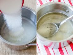 a silver pot filled with liquid next to a red and white towel