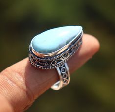 Gorgeous Larimar stone ring| Handmade ring, Sterling silver ring, Gift for her stone color - As picture stone name - Larimar  metal plating - silver oxidized material - brass HAPPY SHOPPING WITH US     THANK YOU. Silver Teardrop Nickel-free Rings, Silver Nickel-free Teardrop Rings, Nickel-free Silver Teardrop Ring, Silver Turquoise Toe Ring As Gift, Handmade Silver Turquoise Promise Ring, Silver Teardrop Ring With Stone Setting, Nickel-free Teardrop Rings As Gift, Silver Turquoise Ring With Large Stone As Gift, Handmade Silver Teardrop Turquoise Ring