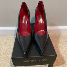 Gianmarco Lorenzi Pointed Black Heels With Cross Stitch Design On Back Brand New In The Box Size 38, I Believe That Is A 7-7.5. Plain Black Heels But Have A Cute Pattern On The Back Heel To Add To Your Look! Originally $995. From A Smoke Free Home! Formal Calf Leather Court Shoes, Formal Fitted Calf Leather Court Shoes, Designer Business Heels With Sculpted Heel, Designer Court Shoes With Padded Heel And Fitted Style, Designer Fitted Court Shoes With Padded Heel, Designer High Heel Court Shoes For Business, Designer Business Court Shoes With Fitted Design, Designer Fitted Court Shoes For Business, Designer Fitted Court Shoes For Formal Occasions