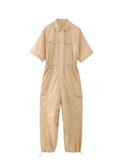 Step out in style this summer with our afforadble Women's Cargo Jumpsuit. Perfect for the urban streetwear enthusiast, this jumpsuit combines comfort with edgy fashion. Must-have for the season! Casual Short Sleeve Bodysuit For Work, Fitted Summer Overalls With Pockets, Summer Fitted Overalls With Pockets, Trendy Beige Summer Jumpsuit/romper, Trendy Beige Summer Jumpsuits And Rompers, Beige Relaxed Fit Jumpsuits And Rompers For Summer, Trendy Beige Jumpsuits And Rompers For Summer, Spring Leisure Solid Jumpsuits And Rompers, Short Sleeve Stretch Jumpsuits And Rompers With Pockets