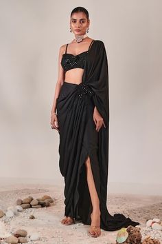 Black pre-draped saree with placed sequin embroidered floral applique. Comes with padded sequin floral embellished blouse. - Aza Fashions Fitted Black Draped Saree, Black Pre-draped Party Saree, Black Fitted Pre-draped Saree, Black Party Pre-draped Saree, Festive Black Pre-draped Saree, Evening Saree With Draped Sleeves, Fitted Pre-draped Saree For Evening, Fitted Draped Evening Saree, Fitted Evening Saree