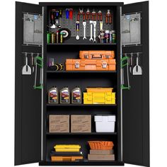 an open storage cabinet with tools and other items