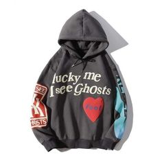 KIDS SEE GHOSTS Lucky Me I See Ghosts Hoodie The KIDS SEE GHOSTS Lucky Me I See Ghosts Hoodie is the perfect way to stand out from the crowd, if you're looking to make a statement with your wardrobe! This hoodie is made from a super comfortable cotton fabric and looks incredibly fashionable. It's the perfect addition to any street style look and is suitable for both men and women. The hoodie features a unique street lovers' KIDS SEE GHOSTS Lucky Me I See Ghosts design and vibrant colors. With it Lucky Me I See Ghosts, I See Ghosts, Mode Harajuku, Velvet Sweatshirt, Lucky Me, Loose Hoodie, Kid Cudi, Velvet Shirt, Zip Hoodies