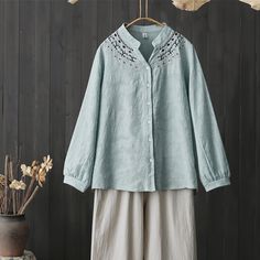 Women's Summer Cotton Linen Embroidery Shirt Top V-Neck Long Sleeve Single Breasted Shirt Blouse Casual Embroidered V-neck Top For Fall, Cotton V-neck Blouse With Embroidered Hem, Casual Long Sleeve Embroidered Blouse, Casual V-neck Blouse With Embroidered Neckline, Casual Blouse With Floral Embroidery Collar, Casual Collared Blouse With Floral Embroidery, Embroidered Collar Top For Fall, V-neck Tops With Embroidered Hem, Embroidered Fall Tops With Collar