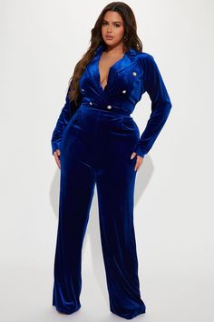 Available In Black And Royal. Velvet Jumpsuit Long Sleeve Collar Faux Button Detail Low V Detail Straight Leg Stretch Self :95% Polyester 5% Spandex Imported | Maryann Velvet Jumpsuit in Royal size 1X by Fashion Nova Fitted V-neck Jumpsuits And Rompers With Buttons, Fitted V-neck Jumpsuit With Button Closure, Fitted Jumpsuit And Romper With Button Closure And V-neck, Fitted Jumpsuit With Button Closure And V-neck, Nice Rompers, Jumpsuit Long Sleeve, Jumpsuit Long, Velvet Jumpsuit, Long Jumpsuits