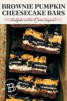 brownie pumpkin cheesecake bars stacked on top of each other with text overlay