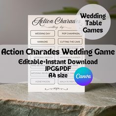 the action charides wedding game is displayed on top of a rock with text overlaying it