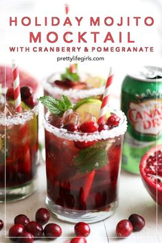 Holiday Mojito Mocktail with Cranberry and Pomegranate | The Pretty Life Girls Holiday Mojito, Virgin Sangria, Holiday Mocktail, Pomegranate Recipes, Mojito Mocktail, Drink Recipes Nonalcoholic, Mojito Cocktail, Holiday Drink, Pretty Life