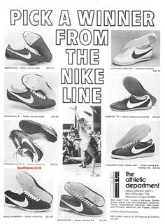 This is a classic 1974 Nike Running Shoe Line Print Advertisement. Featuring the classic shoes; Americas, Intervalle, Oregon Waffle, Road Runner, Cortez, Boston '73, Marathon and Finland Blue. The ad caption reads:  "PICK A WINNER FROM THE NIKE LINE" (Note the prices back then!) A UNIQUE AND AFFORDABLE GIFT FOR THE RUNNER IN YOUR LIFE OR COLLECTOR OF VINTAGE ADVERTISING! The page measures approximately 9" x 11". The page is in VERY GOOD CONDITION with NO rips, tears, folds or marks.  Markings/Annotation is only on listed item and NOT on shipped items. WE SHIP GLOBALLY AND ALL OF OUR ITEMS ARE SECURELY PACKAGED.   WE ALSO STAND BEHIND EVERYTHING WE SELL AND IF THERE IS EVER AN ISSUE WITH A PURCHASE.  WE WILL MAKE IT RIGHT!  Please feel free to message us if you have any questions. Thank you Print Advertisement, Shoes Classic, Marathon Running Shoes, Culver City, Marathon Running, Road Runner, Vintage Advertising, Running Shoes Nike, Affordable Gifts