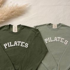 This Pilates Crewneck Sweatshirt is the perfect gift to yourself or your favorite people who loves Pilates! - They need to be purchased individually (it's not sold as a set) - Sweatshirt material is super soft and comfy! ♡ - All our sweatshirts run a UNISEX fit. (Both for men and women) They are naturally oversized, so we normally recommend your true size. But if you like a more baggy look, we recommend sizing up. - These letters are iron-on patched and is heat pressed, not embroidered. - Please Pilates Instructor Outfit, Pilates Sweatshirt, Pilates Branding, Pilates Ideas, Pilates Shirt, Pilates Gifts, Pilates Clothes, Lover Sweatshirt, Pilates Instructor