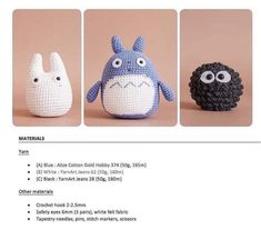 three crocheted stuffed animals are shown in four different styles, including one totoro and another totoro