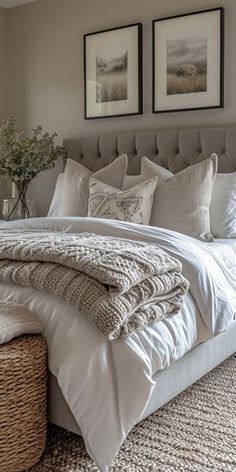 a bed with white linens and pillows in a bedroom next to two pictures on the wall