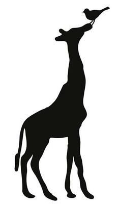 a black and white silhouette of a giraffe with a bird on its neck