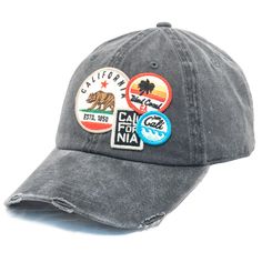 The American Needle Cali Bear Distressed Patch Cap your classic 6-panel, curved brim baseball cap but features casual California patches on the front. The rugged distress wash gives this hat a gritty look and feel while its stylish collage of California Bear themed patches show off your trendy side. This hat is fully adjustable via the easy synch latch in the back and features a modest 3" brim for ample sun protection.  | Womens Hats > Caps For Women > Womens Summer Caps 43910-CALI-BLK