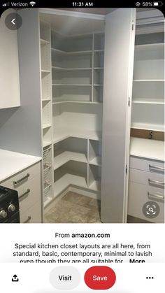 an open pantry with white cabinets and shelves