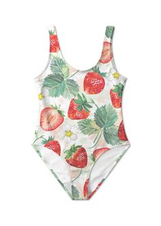 Spring Strawberry Print Swimwear, Summer Strawberry Print Swimwear, Summer Strawberry Print Swimwear For Beach Season, Fitted Strawberry Print Swimwear For Poolside, Summer Swimwear With Scoop Back For Swimming, Spring Graphic Print Swimwear For Pool, Spring Strawberry Print Swimwear For Beach, Strawberry Print Swimwear For Spring Beach, Strawberry Print Swimwear For Summer Beach