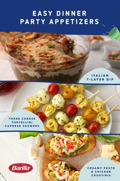 three different types of appetizers are shown on the menu for this dinner party