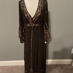 Beautiful Brown Nanette Lepore Dress Purchased From Nordstrom. The Dress And A Matching Slip. Embellished Flowy V-neck Dress, Bohemian V-neck Midi Dress For Night Out, Fall V-neck Maxi Dress With Sequins, Fall V-neck Sequin Maxi Dress, Embellished V-neck Fall Dresses, Fall Embellished V-neck Dresses, Bohemian Evening Maxi Dress For Fall, Fall Embellished Maxi Dress, Embellished Maxi Dress For Formal Fall Occasions