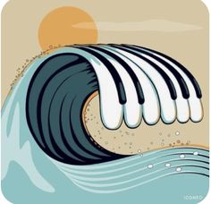 an illustration of a wave with the sun in the background