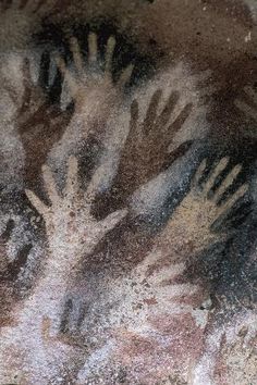 several hand prints are shown on the surface of a stone wall, which has been painted with white and brown colors