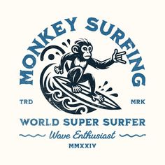 the monkey surfing logo is shown on a white shirt with blue lettering and an image of a man riding a surfboard