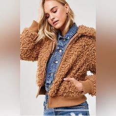 A Boucle Knit Teddy Jacket Featuring A Basic Collar, Front Zip Closure, Dropped Shoulders, Long Sleeves, Ribbed Trim, And Quilted Interior Lining. Boucle Knit, Teddy Jacket, Line Jackets, Drop Shoulder, Faux Fur, Zip Ups, Forever 21, Jackets & Coats, Trim