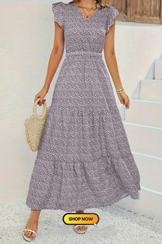 Allover Print Ruffle Trim Dress, Vacation Style V-neck Swing Aline Dress For Spring & Summer Summer V-neck A-line Dress With Ruffles, V-neck Sundress With Ruffle Hem For Brunch, V-neck Ruffled Sundress For Garden Party, Summer V-neck Ruffled Dress, Casual V-neck Dress With Ruffle Hem For Vacation, A-line Maxi Dress With Ruffles For Vacation, A-line Maxi Dress With Ruffle Hem For Brunch, Summer Casual V-neck Dress With Ruffle Sleeves, Casual V-neck Summer Dress With Ruffles