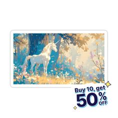 a white unicorn standing in the middle of a forest with trees and flowers on it