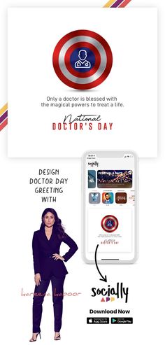 an advertisement for the doctor's day with a woman standing in front of it