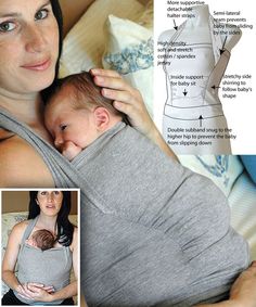 a woman holding a baby wrapped in a grey wrap on top of a bed next to an image of her breast