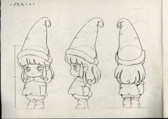 three drawings of two girls with hats on their heads and one is wearing an elf's hat