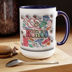 a coffee mug with the words nurse on it next to some spoons and cookies