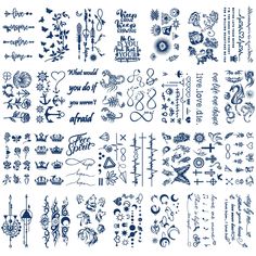 a large collection of tattoo designs and lettering in blue ink on white paper with the words,