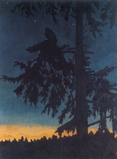 a painting of a bird sitting on top of a pine tree at night with the moon in the sky