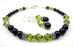 Black Pearl Beaded Bracelets and Earrings SET w/ Simulated  Green Olivine Accents in Swarovski Crystal Birthstone Colors Bracelets Sets, Black Pearl Bracelet, Crystal Bra, Black Pearl Earrings, Bali Silver, Swarovski Crystal Bracelet, Birthstone Bracelet, Beaded Crafts, Birthstone Bracelets