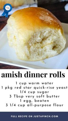 a close up of a roll on a plate with the words amish dinner rolls