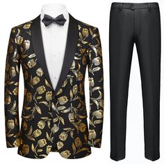 Long Sleeve Suits For Fall Party, Fall Party Suits With Lapel Collar, Gold Single Breasted Blazer For Party, Gold Single Breasted Blazer For Winter, Gold Long Sleeve Blazer For Winter, Gold Single-breasted Blazer For Party, Gold Single-breasted Blazer For Winter, Winter Gold Single Breasted Blazer, Gold Single-breasted Blazer