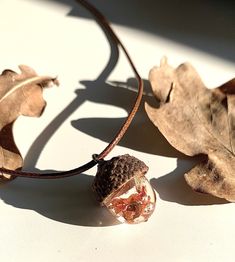 real oak acorn shell and resin necklace, nature jewel.  The oak symbolizes strength, power and longevity. It is also a link between heaven and earth. Its fruits, the acorns are the symbol of the latent strength of the tree.  This necklace is made of a natural oak acorn shell and an acorn made of resin in which I incorporated pieces of oak leaves as well as copper foil to give it an autumnal color and beautiful coppery reflections.  Each piece of jewelry is handcrafted and is therefore unique, like the elements of nature embedded in it. Wearing one of these jewels is to immortalize a bit of nature and keep it with you.  * DESCRIPTION:  o Model: real oak acorn shell and resin necklace  o Dimension: 45cm length cord + 5cm extension chain.  o Materials:     - resin     - nylon cord     - brass Acorn Resin Necklace, Spiritual Natural Color Necklaces As Gift, Round Amber Resin Jewelry, Spiritual Brown Jewelry As Gift, Natural Spiritual Jewelry As A Gift, Nature-inspired Brown Jewelry For Jewelry Making, Amber Resin Pendant Necklace, Adjustable Jewelry With Natural Inclusions For Gifts, Natural Color Pendant Jewelry Gift