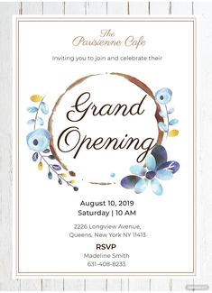 an event poster with flowers and the words grand opening written in white lettering on it