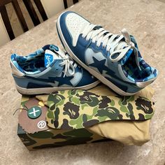 Bape Sk8 Sta Abc In Camo Blue 100% Authentic And Pre-Owned. Comes With Everything They Originally Came With, Including The Dust Bag, A Second Pair Of Unused Insoles (Camo Green), The Detached Stockx Tag And The Box W/ Some Cards Inside. I Bought These Shoes Off Of Stockx Around Two Years Ago And Only Wore Them A Handful Of Times. The Shoes Are A Bit Dirty And There’s A Few Creases On The Front And Back. Other Than That I Wore Crease Protectors And Kept Them In Pretty Great Condition. Babe Shoes, Shoes Bape, Bape Sk8 Sta, Sk8 Sta, Bape Shoes, Hot Clothes, Hot Outfits, Dream Shoes